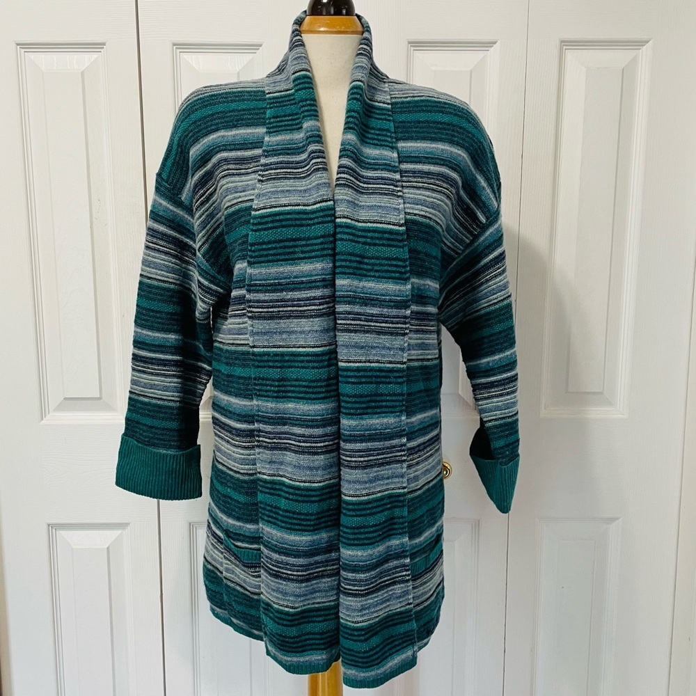 Vintage Lambs Wool Woolrich Teal and Gray Striped Waterfall Cardigan